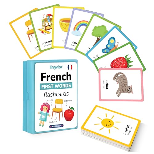 French Flashcards for Kids — Bilingual French English Flash Cards with Pronunciation Guide | First Words Learning Cards for Toddlers & Beginners | 100 French English First Words with Storage Box