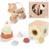 FReniland Montessori Toys for 1 Year Old，3-in-1 Wooden Baby Toys，Wooden Stacking Toy，Toddler Shape Sorting Cube, Unicorn Ring Toy