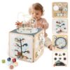 FReniland Wooden Montessori Activity Cube for Toddlers 1-3, 7-in-1 Baby Activity Center with Bead Maze, Shape Sorter, Number Gears & Discovery Mirror, Fine Motor Educational Toy for Boys & Girls