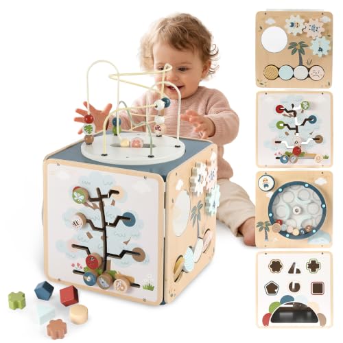 FReniland Wooden Montessori Activity Cube for Toddlers 1-3, 7-in-1 Baby Activity Center with Bead Maze, Shape Sorter, Number Gears & Discovery Mirror, Fine Motor Educational Toy for Boys & Girls