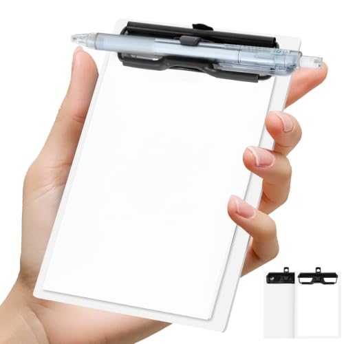 FRETONBA Mini Clipboard 4x6 Inch with Pen Holder, 2 Pack Small Clipboards with Low Profile Clip & Hanging Loop, A6 Portable Pocket Clipboards Memo Size Notepad for Restaurant, Office, School(White)
