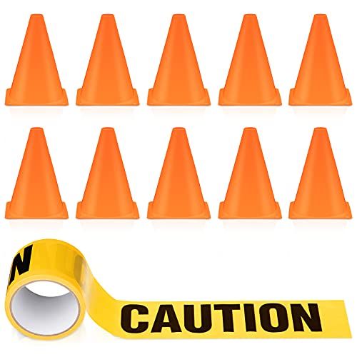 Frienda 11pcs Construction Party Supplies Set with Mini Traffic Cones and Caution Tape for Construction Theme Birthday Party Decorations, Indoor and Outdoor Games Favors(7.1 Inch Tall,Classic)