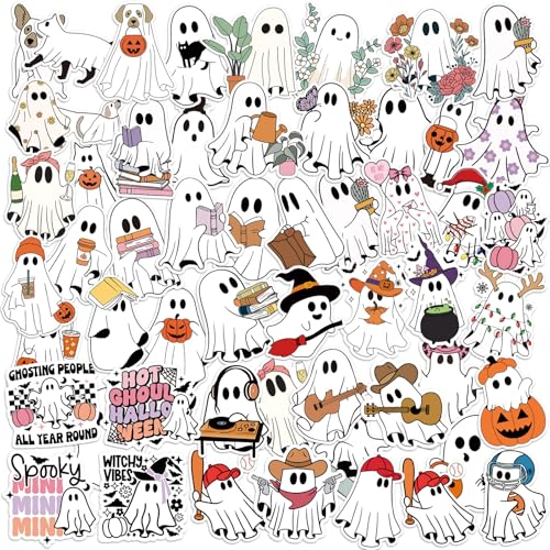 Frienda 200 Pcs Halloween Ghost Themed Stickers Pumpkin Book Lover Spooky Ghost Mushroom Cat Dog Sports Cowboy Vinyl Waterproof Stickers for Teens Adults Water Bottle Laptop,100 Styles(Cute Spooky)