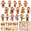 Frienda 48 Set Fall Scarecrow Craft Kit DIY Scarecrow Ornaments with Cardstock Stickers and Gold String Autumn Thanksgiving Craft Supplies for Classroom Activities Party Favors Harvest Decorations