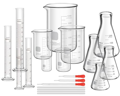 Frienda 50/100/250/500/1000ml Glass Beaker Set, 3.3 Borosilicate Low Form Griffin Lab Glassware Include Graduated Cylinder, Beaker, Dropper, Stirring Rod, Measuring Cups for Lab Chemistry (20 Pcs)
