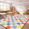 Frienda Pastel Checkered Classroom Carpet 13'x7'5" Large Non-Slip Nylon Plaid Classroom Colorful Nursery Rug Play Mat for Elementary School Playroom Kindergarten Daycare Educational Learning Area Rug