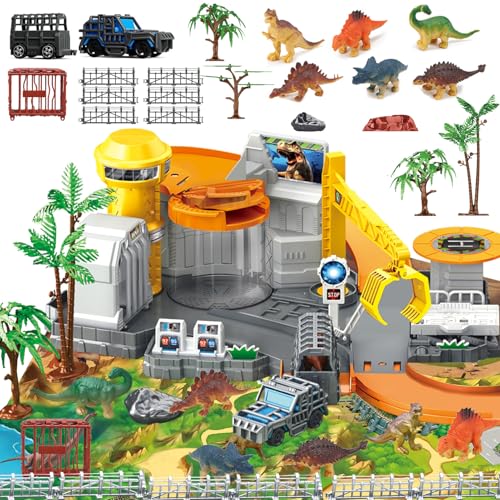 Frontoytall Dinosaur Toys Playset, Vehicles Construction Track Set with Map, Realistic Dinosaurs Figures, Parking Barrier, Crane & Cars, Educational STEM Learning for Kids Ages 3-12, (ASTM Certified)