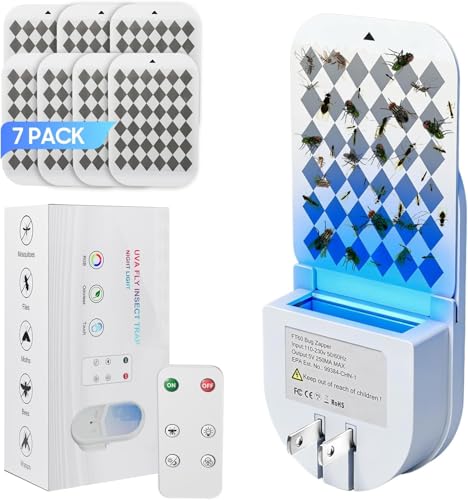 Fruit Fly Traps for Indoors, Plug in Fly Trap Indoor, 900 Sq Ft Protection Area, 6 Color Light Indoor House Bug Catcher with RC for Flying Insects Gnats Fruit Flies (1 Device+7 Refills)