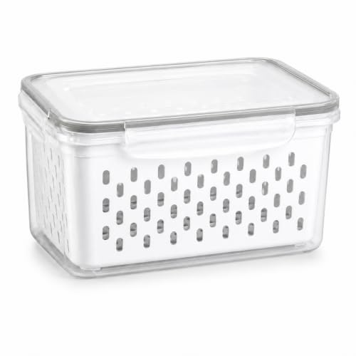 Fruit Storage Containers for Fridge, 4 in 1 Food Storage Container with Lids, Transparent Plastic Fruit Containers for Fridge Keep Fresh-Including Drain Basket, Soak, Wash, Drain & Store (Gray, M)