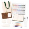 fsdyknej Portable Mini Painting Set, Compact Travel-Friendly Art Kit with 24 Colors, Wooden Fold-Out Palette, Sketchbook, 9PCS Cards, Brushes and Canvas Tote for Artists, Beginners and Art Lovers
