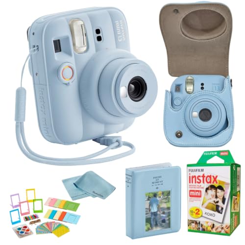 FUJIFILM instax Mini 13 Clay White Instant Camera Bundle with 20 Sheets instax Mini Film, Carrying Case, Photo Album, Assorted Photo Frames & BluebirdSales Microfiber Cleaning Cloth (Frost Blue)
