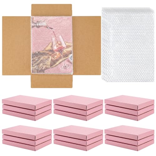 Fullhawl 30 Pack Corrugated Comic Book Mailers with 30 Bubble Bags, Comic Book Shipping Box Easy Fold Cardboard Photo Box for Mailing Packaging, Height Adjustable (Pink,7.8 x 11 x 1.2 Inch)