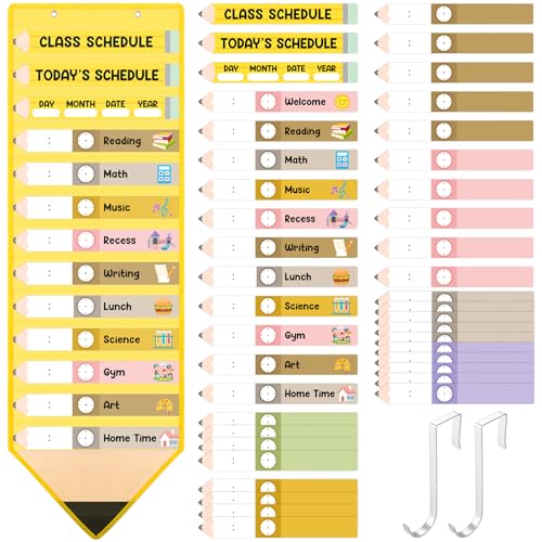 Fullhawl 45 Pcs Pencil Theme Daily Schedule Pocket Chart for Classroom, 13+1 Pockets Kids Schedule Teaching Scheduling Pocket Chart with Cards for Back to School Classroom Decoration