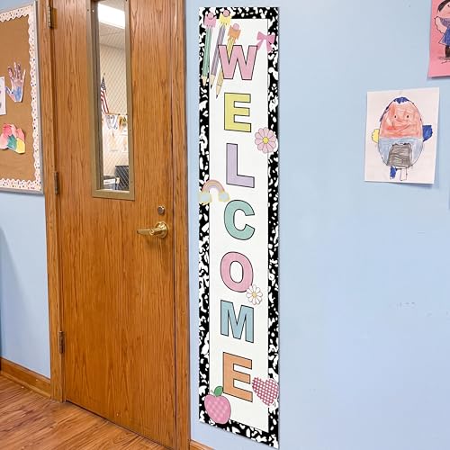 Fullhawl Pastel Welcome Classroom Banner Composition Notebook Back to School Welcome Sign Classroom Door Decoration for Elementary Preschool Wall Bulletin Board First Day of School, 39.37'' x 7.8''