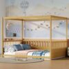 Full Size Canopy Bed Frame with 4 Posters and Guardrails, Full Size Montessori Floor Bed with High Fence, Natural Montessori Bed Full Size
