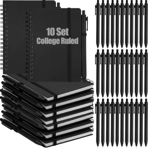 Fulmoon 10 Set Small Spiral Notebooks A6 with Pens Bulk, Multicolor 4" x 6" Pocket Notebooks Mini Lined Journals 50 Sheets for Back to School Supplies Students Rewards Office Gifts (Classic Black)