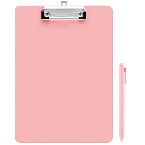 Fulmoon 1 Sets Pink Plastic Clipboards Include 1 Pcs Black Ink Pink Pens Lightweight Standard A4 Letter Size Office Clip Board with Pen Holder Low Profile for Back to School Nurse Teacher 12 x 8.58
