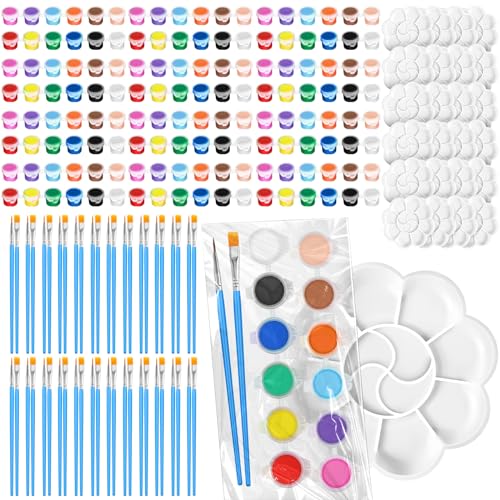 Fulmoon 384 Pcs/96 Set Mini Paint Set for Kids Bulk, Back to School 12 Colors Washable Painting Kit with Brushes and Palettes, Arts Crafts Party Favors for Classroom DIY Painting (Vivid Color)