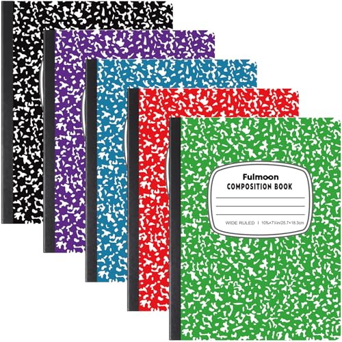 Fulmoon 5 Pcs Composition Notebooks Wide Ruled, 11/32'' Spacing Comp Book, 10.12 x 7.2Inch, 30 Sheets Per Comp Book, Black Purple Blue Red Green, Marble Notebooks for School Kids Home Office