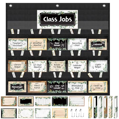 Fulmoon 86 Pcs Class Jobs Pocket Chart Set Teacher's Helper Boho Classroom Management Educational Pocket Chart Boho Rainbow Classroom Bulletin Board Decor for Back to School Supplies (Greenery Style)