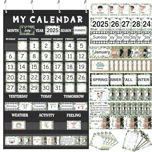 Fulmoon Classroom Calendar Pocket Chart Set Calendar Bulletin Board Set with Pocket Seasons Festival Weather Calendar Pocket Chart for Back to School Classroom Decoration Supplies(Eucalyptus)
