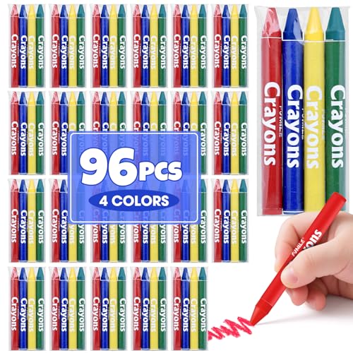 FUMILE 24 Sets of 4 Colors Crayons (96 Count), Crayons Bulk Individual Packs, Non-Toxic Mini Crayon for Kids Party Favors, Restaurants, School Supplies, Travel and More Events