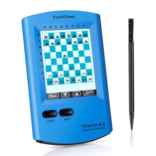 FunAiChess Handheld Electronic Chess Board 8 in 1 Touch Chess Computer Game Portable Electronic Chess Set for Adults, Kids,and Beginners Learn and Travel with Stylus Large LCD Display Gift(Blue)