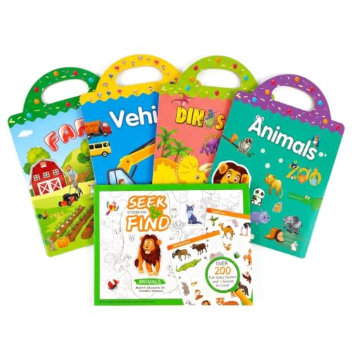 FUNCLASS 5 Pack Sticker Books for Toddlers, Reusable Travel Activity Set & Seek-and-Find with 200+ Animal Stickers, Coloring Games for Kids Party, Restaurant, On-the-Go
