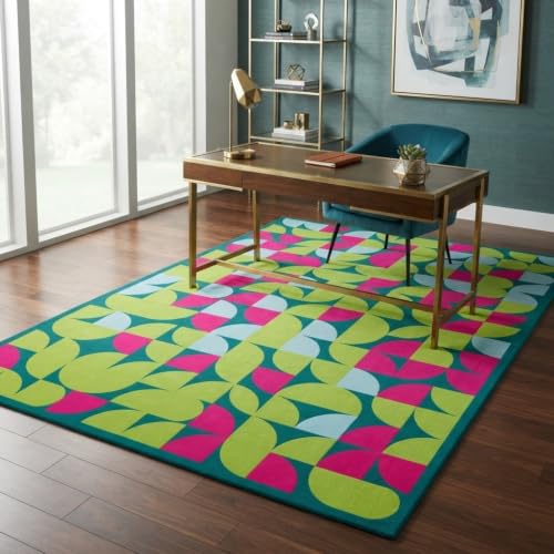 Fun Classroom Rug 7x10 Mid Century Modern Area Rug Lime Green Pink Geometric Color Block Rugs Non Slip Washable Carpet for Living Room Bedroom Apartment Vibrant Playroom Stain Resistant Floor Mats