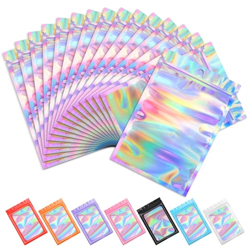 Funfery 100 pcs Mylar Holographic Bags Packaging Bags,Clear Resealable Smell Proof Bag Foil Pouch Bag for Party Favor,Food Storage Baggies Packaging for Small Business(3x4.7in,Holographic)