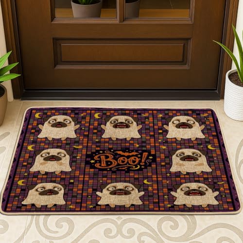 Fun Halloween Pug Dog Pattern Black Door Mat Outside Inside Entrance 29x17 Inch, Funky Scary Puppy Ghost Outdoor Ultra Thin Doormat, Small Spooky Print Shoes Off Door Rug for Patio