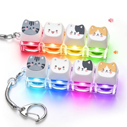 FunisFun 2 PCS Cat Shape Keyboard Fidget Toy for Adults Clicky & Silent Keyboard Keychain with LED Lights Detachable Clicker Fidget Toy for Stress Relief ADHD Autism ASMR (Multicolor-2, 4in1-2Pack)