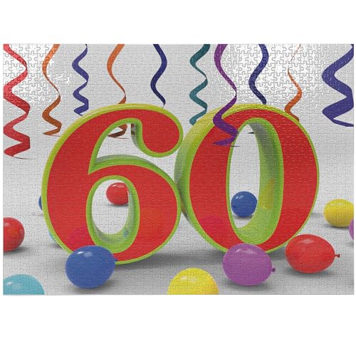 Fun Jigsaw Puzzle 1000 Pieces for Adults 60th Birthday Party Swirls with The Baloons Ribbons and Green Orange 60 Number Fun Challenging Educational Gift Art Home Decor 29.5 x 20 in