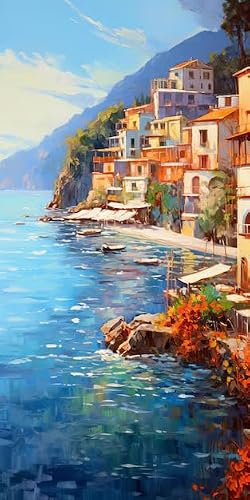 Fun Jigsaw Puzzle 1000 Pieces for Adults Beauty Seaside Paint by Number Mediterranean Cityscape Challenging for Family Educational Activities Gift Colorful Puzzles 29.5 x 20 in