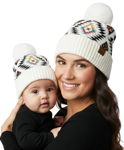 Funky Junque Mommy & Me Pom Pom Beanies Set – Infant Baby & Mom Matching Winter Outfits, Cozy Warm Newborn & Women's Beanie Hats Gift Set (2 Pack) - Aztec - White