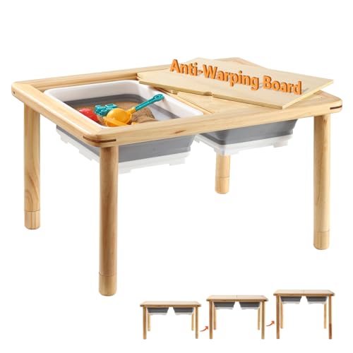 FUNLIO Wooden Sensory Table for Toddlers 1-5, 3-Level Height Adjustable Kids Activity Table with Anti-Warping Plywood Lid, Indoor/Outdoor Play Sand and Water Table, CPC Certified