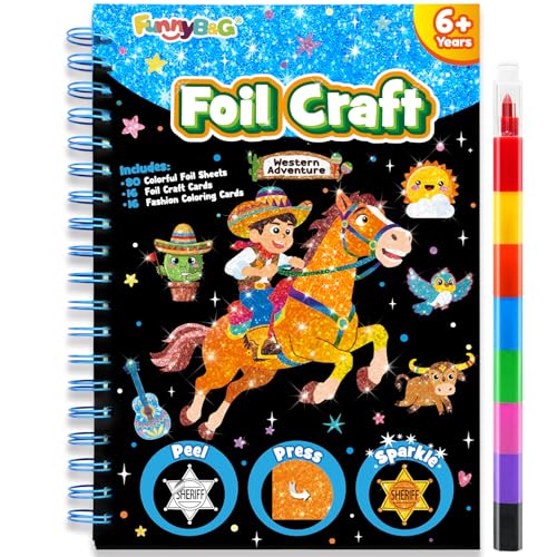 FUNNYB&G Foil Art Craft Kit for Kids 4-10 Years Old: Mess-Free & No-Glue, Create 16 Western Adventure Pictures – Perfect Travel Toy & Birthday Gift for Kids (Western Adventure)