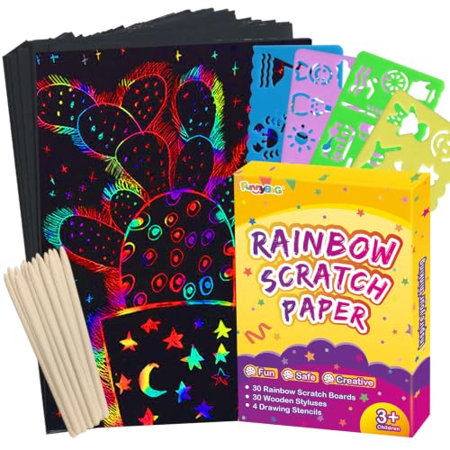 FUNNYB&G Rainbow Scratch Paper Art for Kids - 60 Pcs Big Rainbow Scratch Paper Off Set Scratch Easter Crafts Arts Supplies Kits Pads Sheets for Party Games Halloween Christmas Birthday Gifts