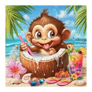 Funny Monkey Puzzles for Adults 1000 Pieces Nature, Sun Beach Coconut Vacation Jigsaw Puzzles, Impossible Hard Difficult Challenging Aesthetic Puzzle
