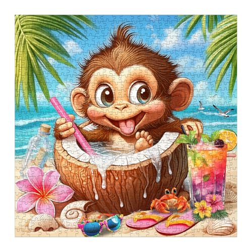 Funny Monkey Puzzles for Adults 1000 Pieces Nature, Sun Beach Coconut Vacation Jigsaw Puzzles, Impossible Hard Difficult Challenging Aesthetic Puzzle