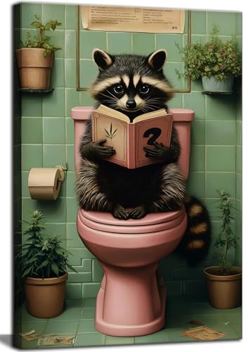 Funny Raccoon Bathroom Canvas Wall Art Picture Humorous Animal Poster Prints Raccoon Sitting On The Toilet Reading Book Painting Wall Decor for Washroom Restroom 12x16in Framed Ready To Hang