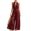 Funnyrap Women Halter Deep V Neck Rompers Elastic Waist Wide Leg Jumpsuit