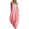 Funnyrap Women Sleeveless Spaghetti Strap Jumpsuit Button Front Rompers