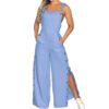 Funnyrap Women Spaghetti Strap Overalls Side Slit Button Wide Leg Jumpsuit