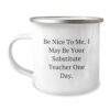 Funny Substitute Teacher Gifts from Friends, Unique Camping Mug for Men, 'Be Nice to Me, I May Be Your Substitute Teacher One Day' Motivational Quote - Graduation Unique Gifts