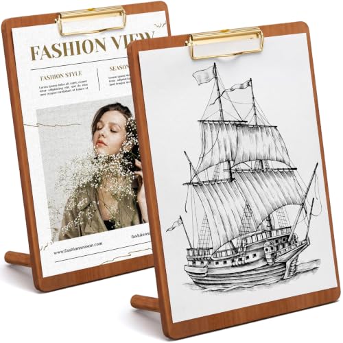 FunooFuno 2 Pack Walnut Wood Clipboard with Stand, 12.6 x 8.7'' Standing Clipboard with Metal Clip, Wall Hanging or Tabletop Menu Holder for Restaurant Bar Coffee Shop Office Reception Desk
