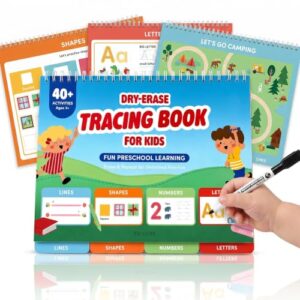 Fun Preschool Workbooks for Kids Age 3-5 - Reusable Dry Erase Tracing Books for Toddlers Ages 3-4 w Dry Erase Marker - 40+ Activities of ABC Letter, Number & Writing Practice for Preschool Learning