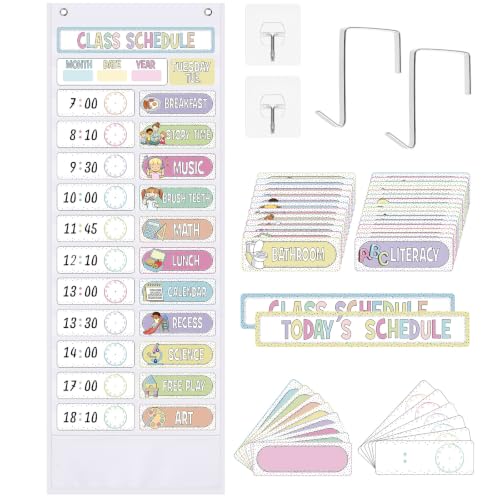 Funrous Daily Schedule Pocket Chart with 82 Cards, Linen Wall Hanging Organizer for Welcome Back to School Classroom Decorations Homeschool Visual Planner Routine Calendar(Spotty Boho)
