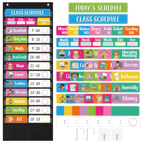 Funrous Daily Schedule Pocket Chart with 82 Custom Visual Schedule Cards, 13-Pocket Classroom Chart for Preschool, Kindergarten, Homeschool, Teacher Classroom Supplies with Hooks(Rainbow)