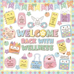 Funrous Welcome Back with Wellness Bulletin Board Set Inspirational Classroom Decorations Mental Health Bulletin Board Motivational Paper Cutouts for Back to School Preschool Teacher Supplies